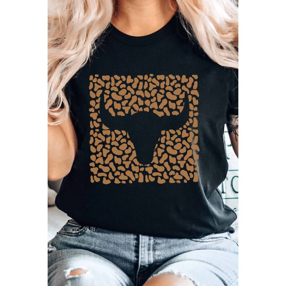 NEW KISSED APPAREL leopard longhorn texas graphic top in black